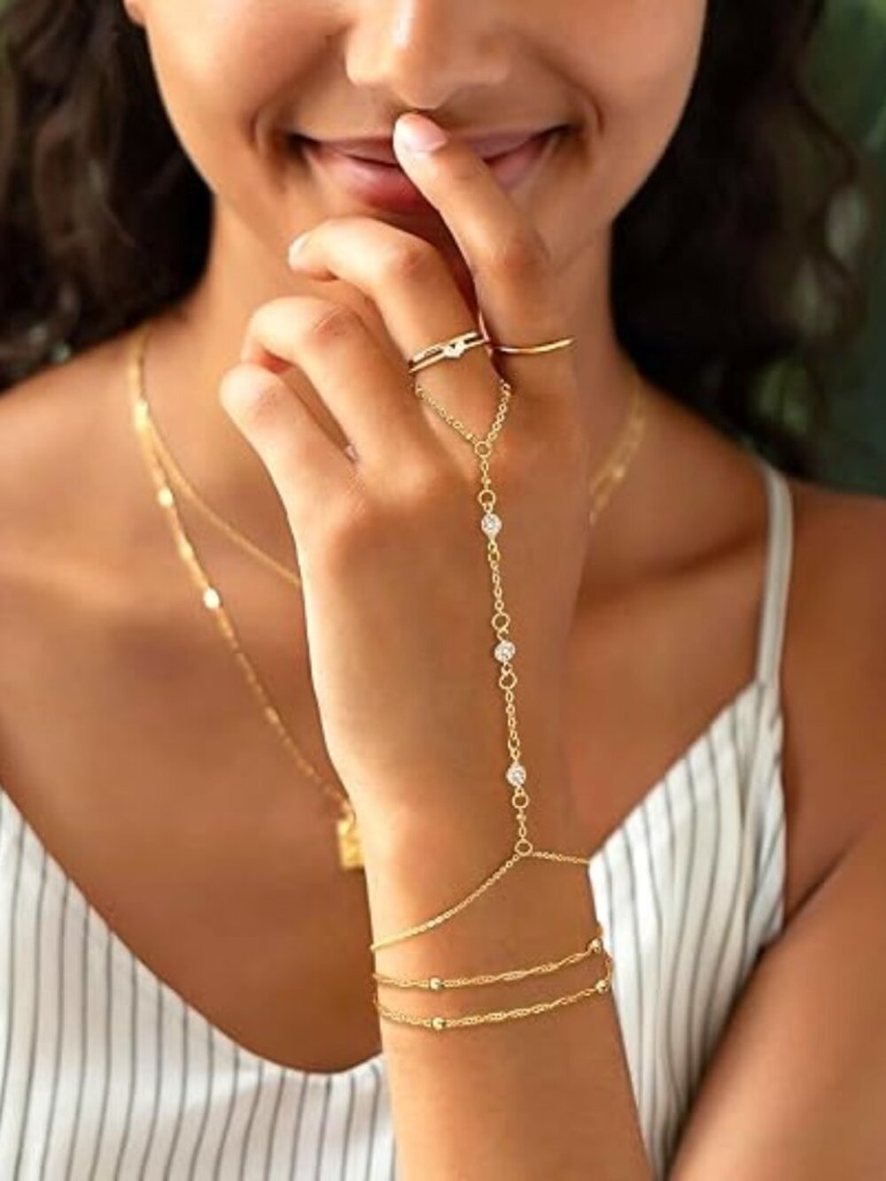 Gold Plated Hand Chain Bracelet Set 2 Pcs CZ Ring Bracelet Adjustable